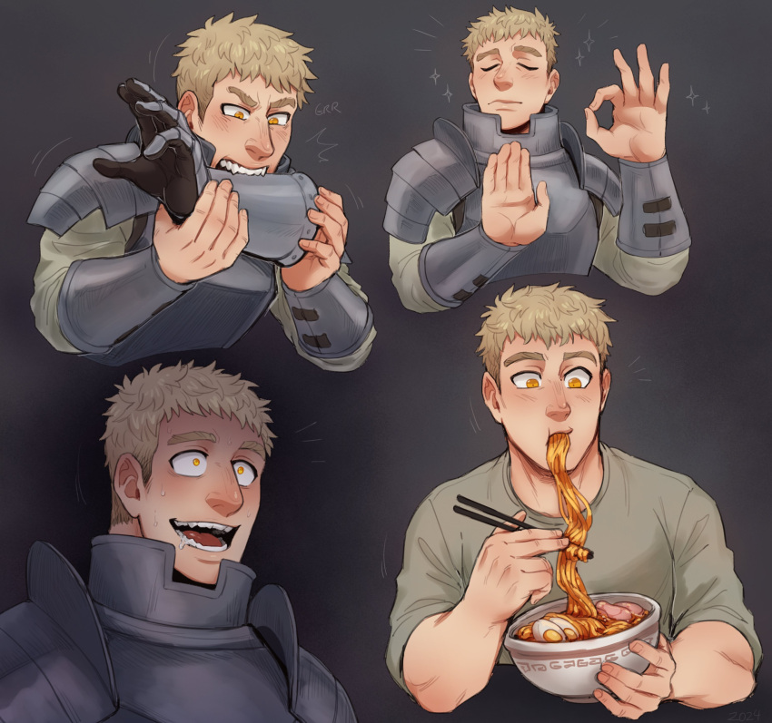 1boy absurdres armor biting blonde_hair closed_eyes collage crazy_eyes crazy_smile daxratchet derivative_work drooling dungeon_meshi eating expressions food highres laios_thorden looking_ahead male_focus noodles ok_sign plate_armor screencap_redraw short_hair sideburns smile sparkling_aura thick_eyebrows