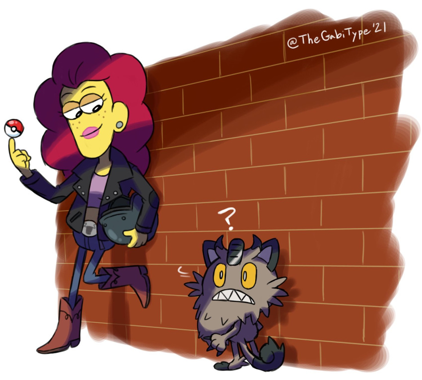 1girl ? belt big_city_greens biker_clothes boots brick_wall city claws cowboy_boots crop_top denim earrings freckles grey_fur helmet highres holding holding_poke_ball horns jeans jewelry motorcycle_helmet nancy pants pink_lips poke_ball red_hair whiskers