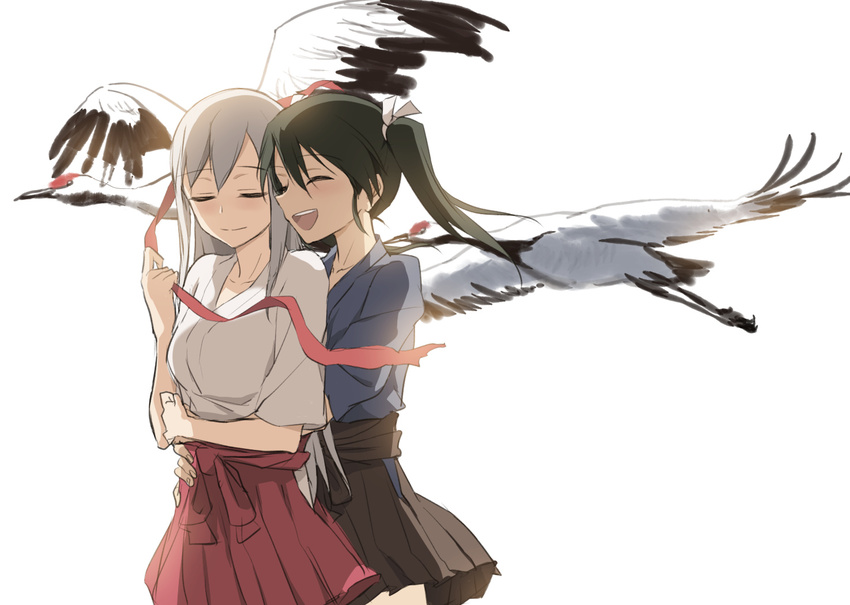 bad_id bad_pixiv_id bird closed_eyes crane_(animal) hair_ribbon hug japanese_clothes kantai_collection kisetsu long_hair multiple_girls red-crowned_crane ribbon shoukaku_(kantai_collection) silver_hair smile twintails zuikaku_(kantai_collection)