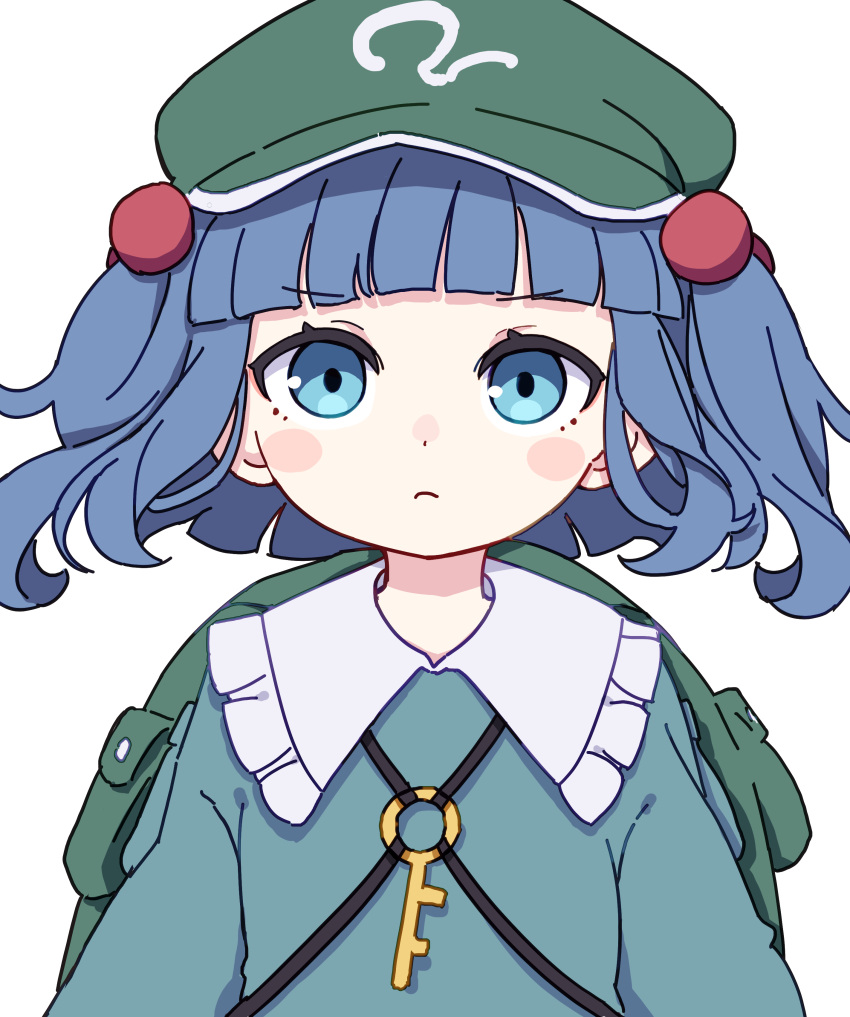 1girl absurdres aqua_shirt backpack bag blue_eyes blue_hair blush_stickers closed_mouth collared_shirt flat_cap frilled_shirt_collar frills green_headwear hair_bobbles hair_ornament hat highres kame_(kamepan44231) kawashiro_nitori key long_sleeves looking_at_viewer medium_hair shirt simple_background solo touhou two_side_up upper_body white_background