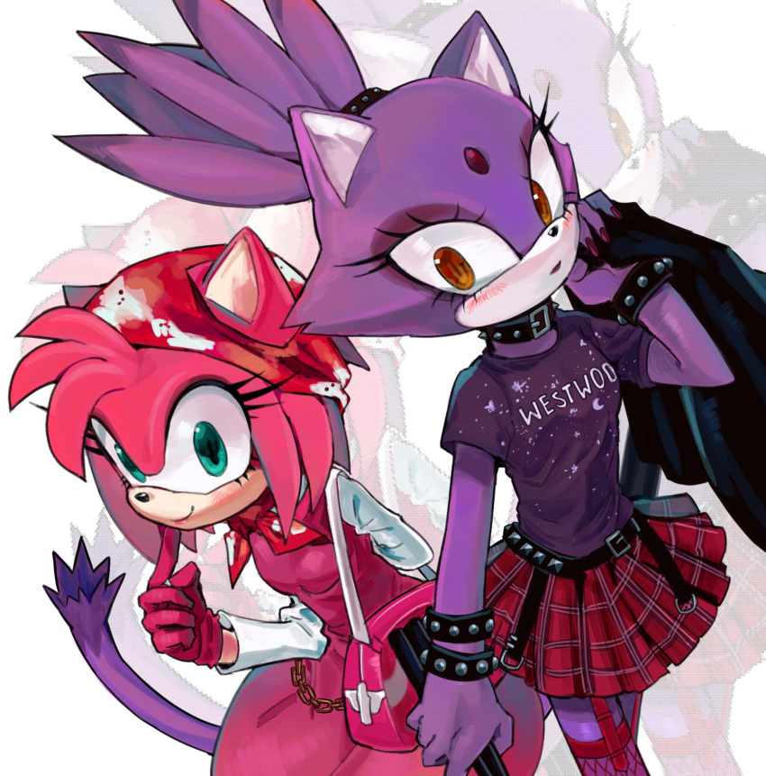 2girls amy_rose animal_ears bag bandana blaze_the_cat bracelet cat_ears cat_girl cat_tail collar forehead_jewel furry furry_female garter_straps gloves green_eyes highres jewelry multiple_girls n_jiujiu99 nail_polish pink_fur pink_gloves pleated_skirt ponytail purple_fur red_bandana red_thighhighs shirt shoulder_bag skirt smile sonic_(series) spiked_bracelet spiked_collar spikes tail thighhighs yellow_eyes