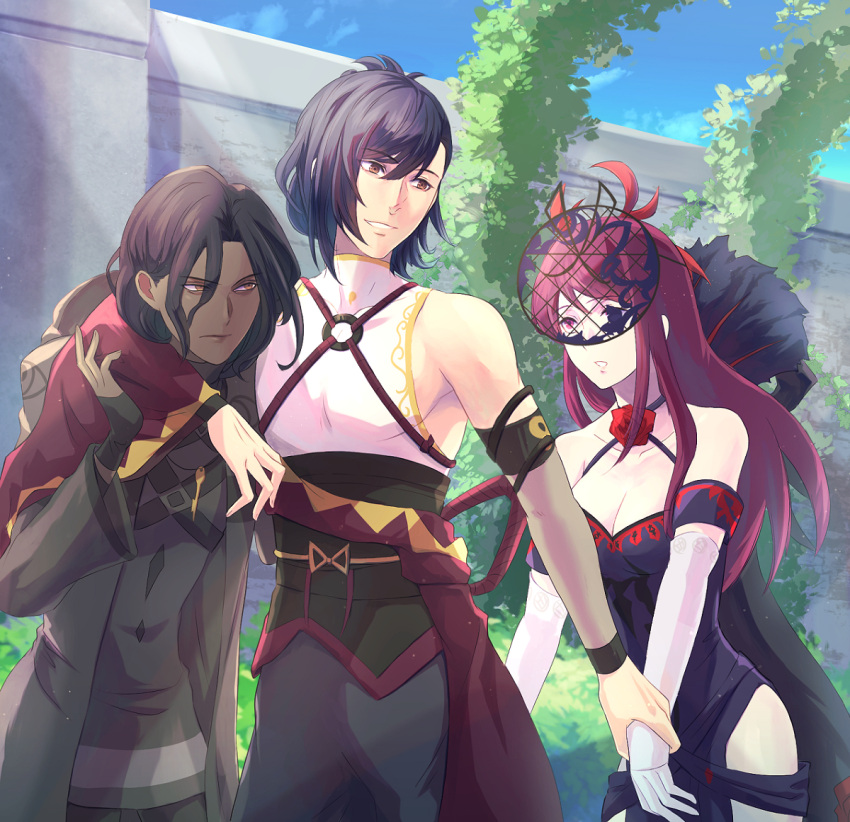 1girl 2boys bare_shoulders black_hair blue_hair dark-skinned_male dark_blue_hair dark_skin fascinator fire_emblem fire_emblem_engage flower_brooch folded_ponytail ivy_(fire_emblem) kagetsu_(fire_emblem) multiple_boys purple_eyes purple_hair riou_(pooh920) zelkov_(fire_emblem)