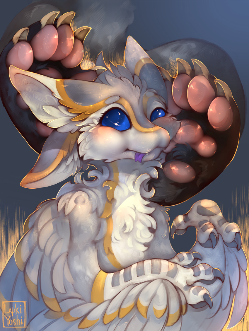 anthro avali avian claws cute_eyes duo embrace feral fluffy hi_res hug lapki_yoshi pawpads paws smile
