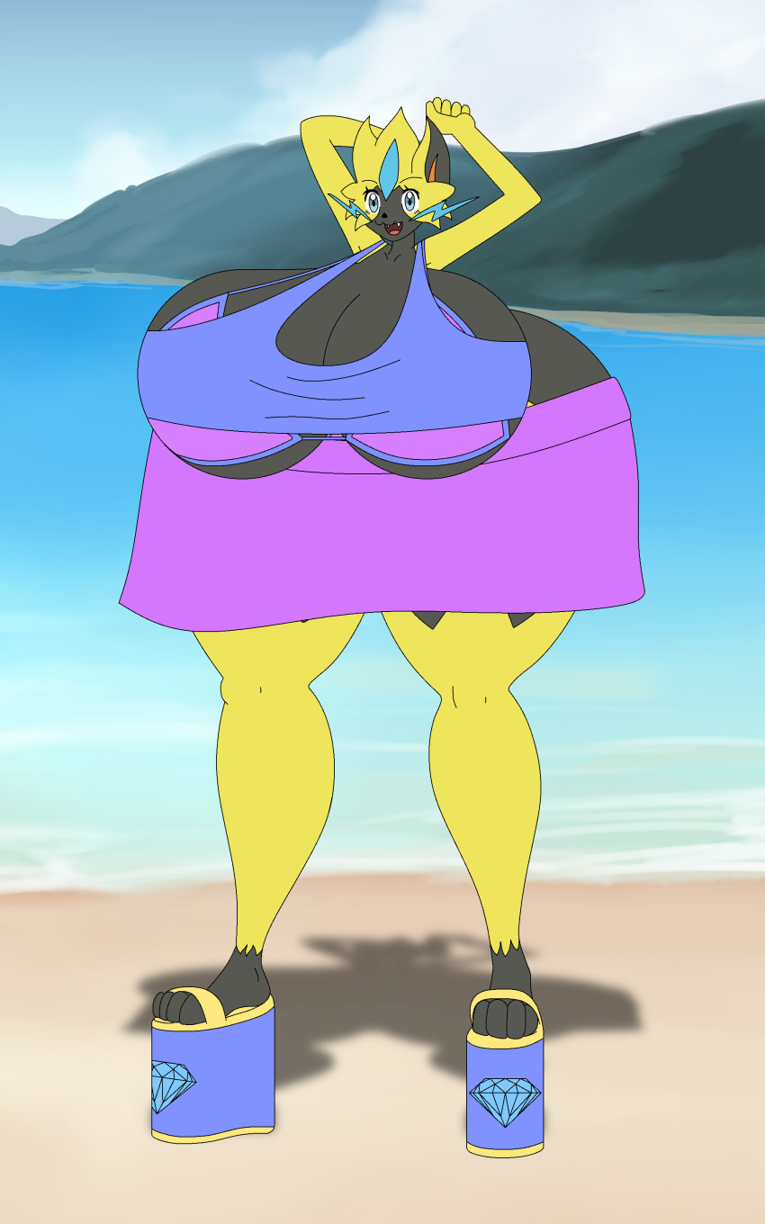 absurd_res anthro big_breasts big_butt breasts butt clothing female footwear garybones generation_7_pokemon hands_behind_head hi_res high_heels huge_breasts huge_butt hyper hyper_butt legendary_pokemon nintendo platform_footwear platform_heels pokemon pokemon_(species) solo thick_thighs yunru_amperes zeraora