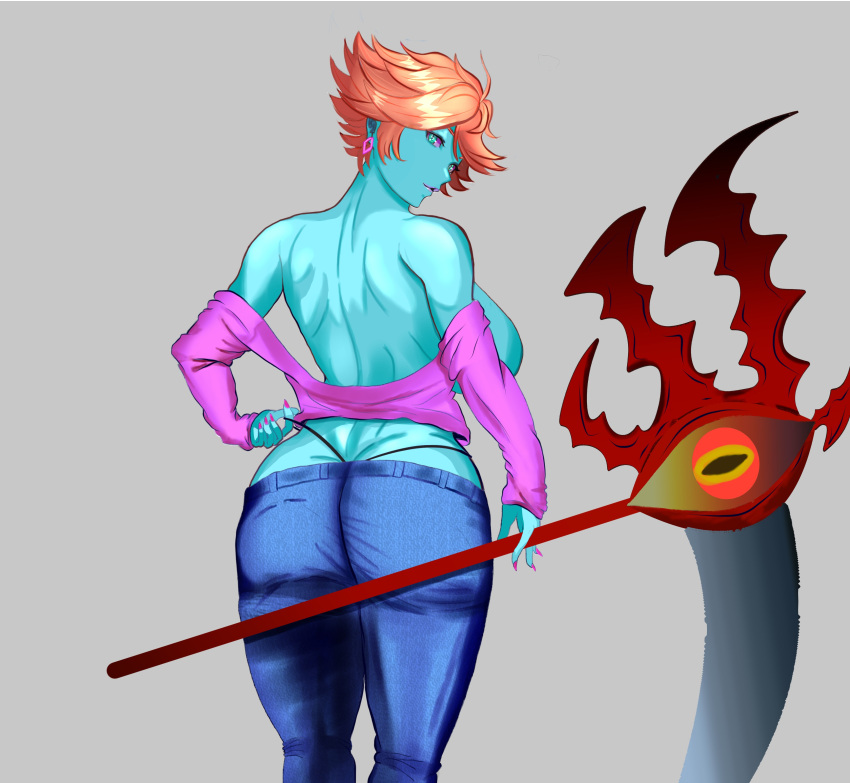 1girl absurdres ass back blue_skin breasts breasts_out butt_crack colored_skin commentary denim earrings from_behind highres historietas_assombradas holding holding_scythe jeans jewelry looking_back mature_female morte_(historietas_assombradas) pants red_hair scythe short_hair single_earring solo thong zxxk