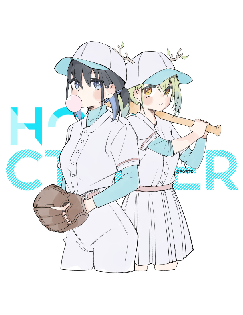 2girls absurdres alternate_costume antlers baseball_bat baseball_cap baseball_mitt baseball_uniform black_hair blue_hair blue_shirt blush braid braided_bangs branch ceres_fauna chewing_gum colored_inner_hair green_hair hat highres holding holding_baseball_bat hololive hololive_english horns looking_at_viewer mole mole_under_eye mpmrpjb multicolored_hair multiple_girls ouro_kronii pants pleated_skirt ponytail shirt short_hair skirt smile sportswear virtual_youtuber white_pants white_skirt