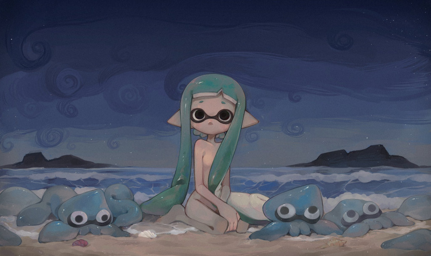 1girl beach beached black_eyes blank_stare blue_sky blunt_bangs breasts cloud cloudy_sky commentary_request completely_nude domino_mask empty_eyes expressionless green_hair highres inkling inkling_girl island liang_cun_rakuna light_blush light_particles long_hair looking_at_viewer mask no_mouth no_nipples nude ocean outdoors pointy_ears seashell seiza shell short_eyebrows short_hair_with_long_locks sitting sky small_breasts solo splatoon_(series) squid tentacle_hair very_long_hair waves wide_shot