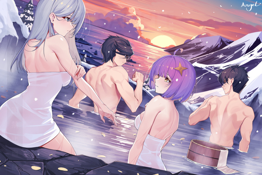 2boys 2girls absurdres bathing black_hair bob_cut breasts bucket final_fantasy final_fantasy_xiv from_behind grey_hair highres large_breasts lc_angel long_hair mixed-sex_bathing multiple_boys multiple_girls naked_towel onsen outdoors partially_submerged purple_eyes see-through shared_bathing short_hair sunset towel warrior_of_light_(ff14) water wooden_bucket