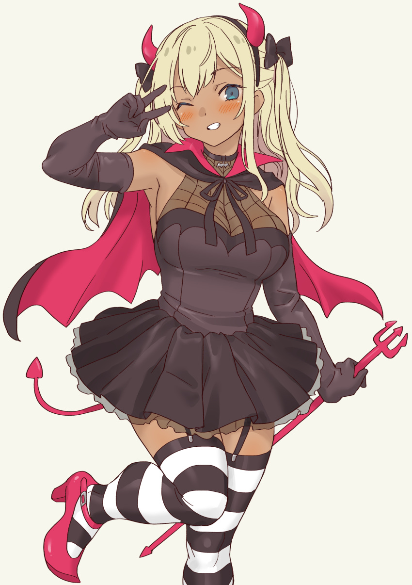 1girl ;d absurdres black_dress black_gloves blush breasts cape cosplay daipunch dark-skinned_female dark_skin demon_tail dress elbow_gloves fake_horns garter_straps gloves gyaru halloween high_heels highres holding holding_weapon horns looking_at_viewer medium_breasts one_eye_closed original red_cape simple_background smile standing standing_on_one_leg striped_clothes striped_thighhighs tail tan thighhighs v weapon