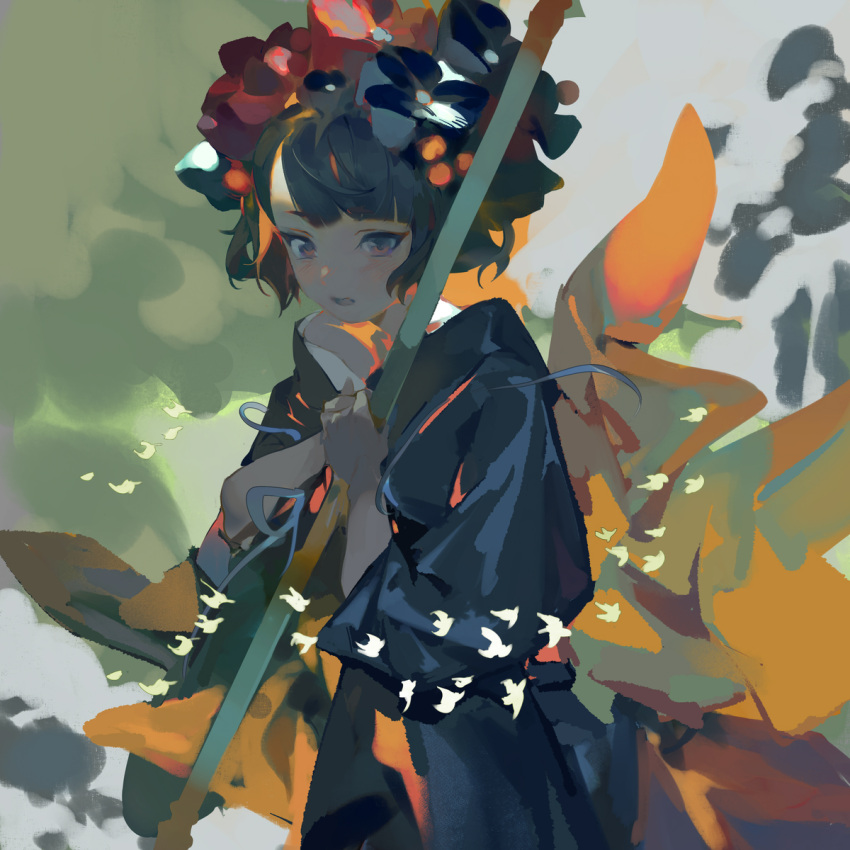 1girl abstract_background asymmetrical_bangs black_hair black_kimono blunt_bangs blush cowboy_shot fate/grand_order fate_(series) flower hair_flower hair_ornament hands_on_own_chest highres holding holding_staff japanese_clothes kanzashi katsushika_hokusai_(fate) kimono long_sleeves looking_at_viewer lucaxu1991 off_shoulder open_mouth orange_sash own_hands_together pink_eyes short_eyebrows short_hair solo staff