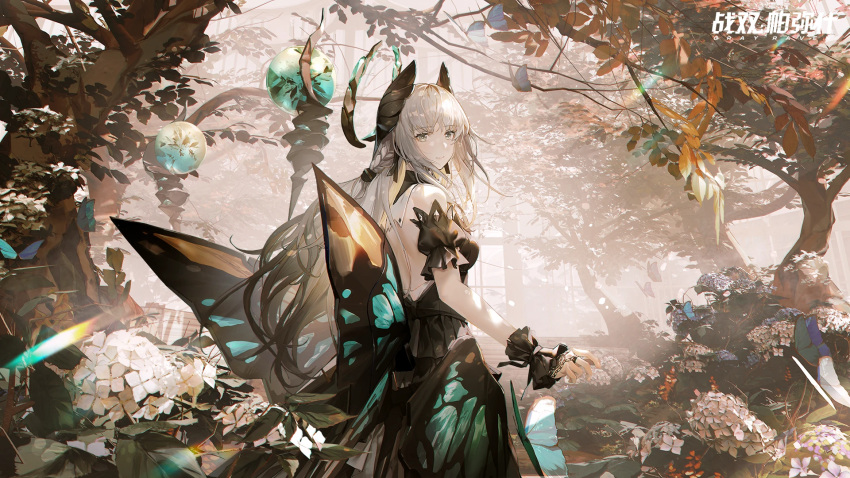 artist_request bare_back braid bug butterfly butterfly_wings dress flower forest gem grey_eyes highres holding holding_staff insect_wings leaf liv:_empyrea_(dreamcatcher)_(punishing:_gray_raven) liv:_empyrea_(punishing:_gray_raven) liv_(punishing:_gray_raven) long_hair looking_at_viewer looking_back nature official_art punishing:_gray_raven smile staff tree white_hair wings