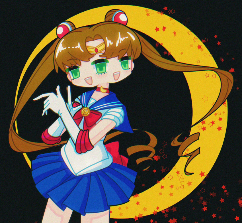 1girl bishoujo_senshi_sailor_moon black_background blue_sailor_collar blue_skirt bow bowtie brown_hair choker circlet cosplay cowboy_shot crescent curtained_hair elbow_gloves extra_eyes gloves green_eyes hair_ornament highres ikigusare long_hair looking_at_viewer multiple_faces multiple_mouths open_mouth pleated_skirt procreate_(medium) red_bow red_bowtie red_choker ringlets sailor_collar sailor_moon sailor_moon_(cosplay) sangou_(ikigusare) shirt short_sleeves skirt smile solo standing star_(symbol) starry_background tongtong_(tongtong060105) twintails very_long_hair white_gloves white_shirt