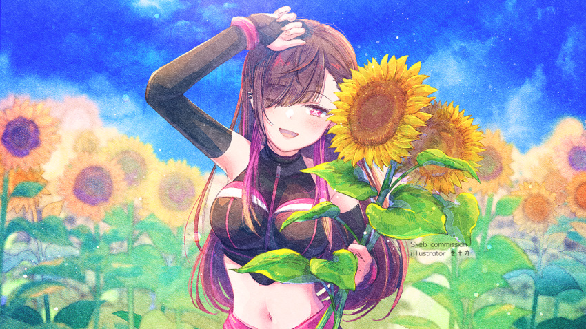 1girl ;d arm_up bare_shoulders blue_sky blush breasts bridal_gauntlets brown_hair cloud cloudy_sky commission copyright_request crop_top day ear_piercing eyes_visible_through_hair flower holding holding_flower ittokyu long_hair looking_at_viewer medium_breasts multicolored_hair navel one_eye_closed outdoors piercing purple_eyes purple_hair sky smile solo sunflower two-tone_hair upper_body very_long_hair virtual_youtuber yellow_flower