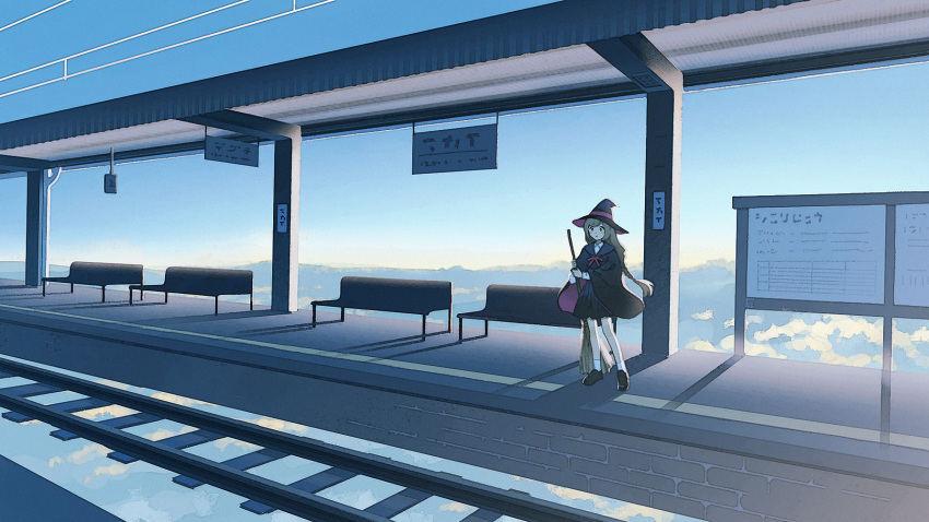 1girl above_clouds ankle_socks bench billboard black_capelet black_footwear black_headwear black_skirt blonde_hair blue_sky broom capelet cloud collared_shirt commentary_request fantasy floating hat highres holding holding_broom long_hair long_sleeves looking_ahead nahara_saki neck_ribbon original outdoors pink_ribbon railroad_tracks ribbon shadow shirt shoes skirt sky socks solo standing train_station train_station_platform waiting white_shirt white_socks wide_shot witch witch_hat