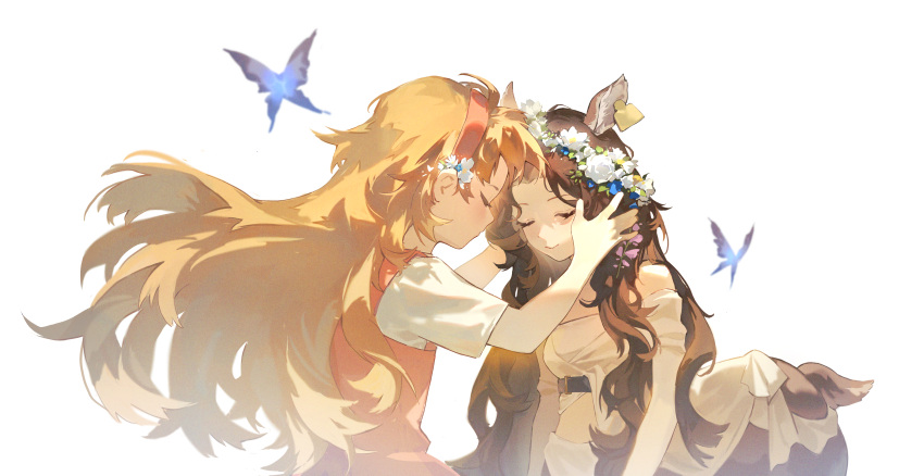 2girls absurdres animal_ears bare_shoulders belt blonde_hair blonney blue_butterfly breasts brown_belt brown_hair bug butterfly centauroid closed_eyes deer_ears deer_girl deer_tail dress ear_tag floating_hair flower from_side hair_flower hair_ornament hairband hands_on_another's_head hands_up head_down head_wreath highres jessica_(reverse:1999) long_hair long_sleeves multiple_girls off_shoulder pink_dress pink_hairband reverse:1999 rose sanfuyi shirt short_sleeves sleeveless sleeveless_dress smile tail taur underboob upper_body white_background white_flower white_rose white_shirt yuri