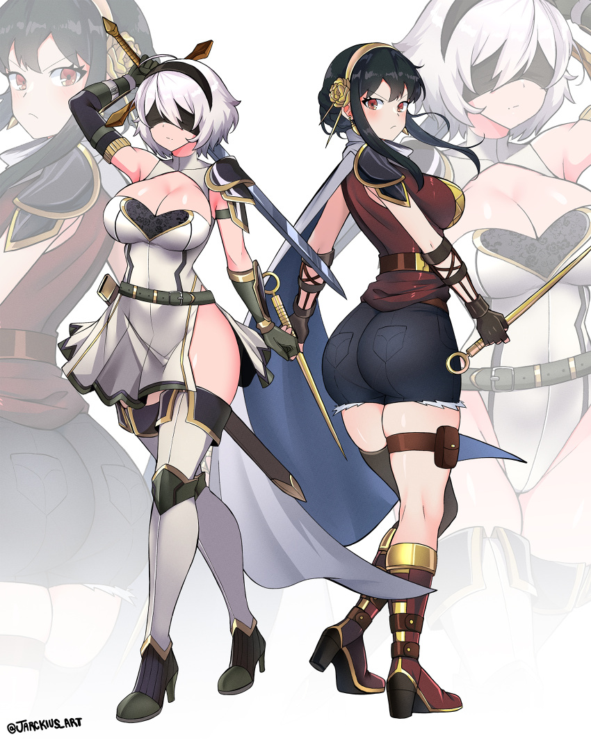 2b_(nier:automata) alternate_costume ass black_hair black_shorts blindfold boots breasts cleavage dagger denim denim_shorts dress from_behind full_body hairband high_heels highres holding holding_sword holding_weapon jarckius knife large_breasts nier:automata nier_(series) red_eyes short_hair short_hair_with_long_locks short_shorts shorts side_slit single_thighhigh skindentation spy_x_family stiletto_(weapon) sword thigh_boots thigh_pouch thigh_strap thighhighs twitter_username weapon white_dress white_hair yor_briar zoom_layer