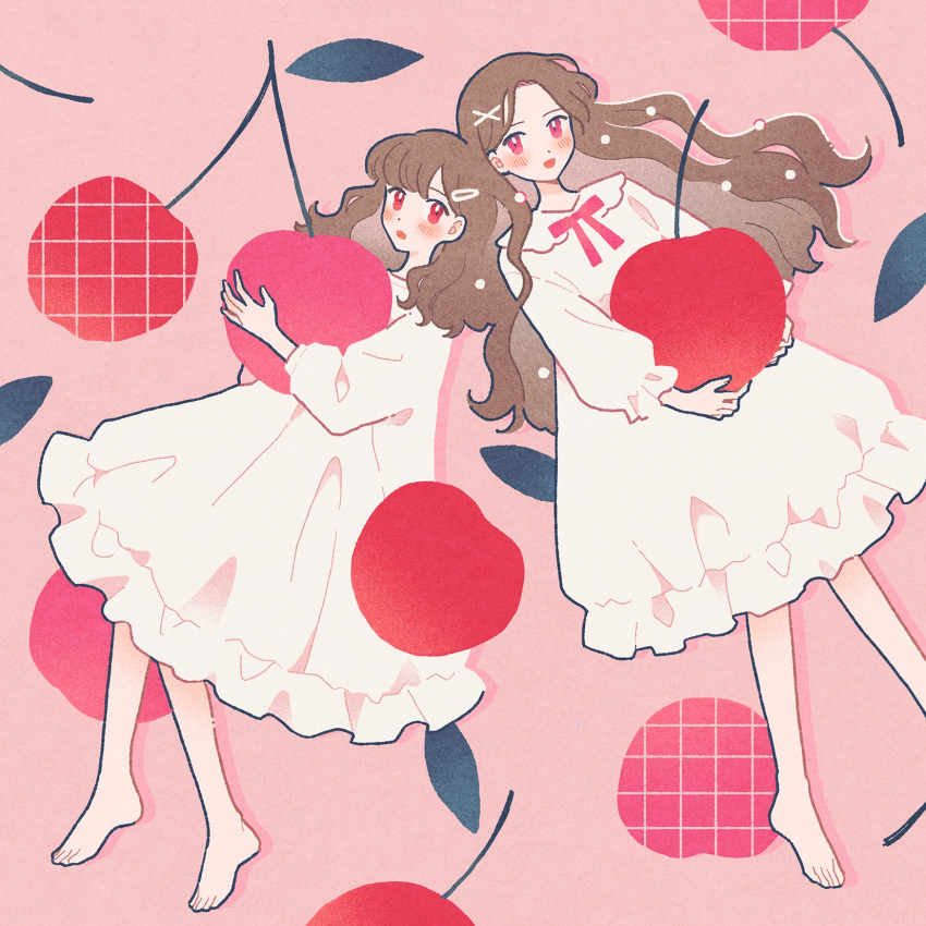 2girls :o barefoot blush bow brown_hair cherry commentary_request dot_nose dress expressionless feet food frilled_dress frilled_sleeves frills fruit full_body grid hair_ornament hairclip highres holding long_hair long_sleeves looking_at_viewer multiple_girls nahara_saki open_mouth original oversized_food oversized_object pink_background pink_bow pink_eyes puffy_long_sleeves puffy_sleeves smile toes wavy_hair white_dress x_hair_ornament