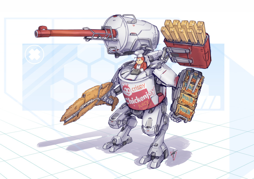 1boy absurdres chef_hat eko999 energy_gun english_text food food-themed_vehicle french_fries fried_chicken grid_background hat highres jollibee jollibee_(mascot) juice mecha mecha_focus plasma_rifle robot shadow solo weapon white_background