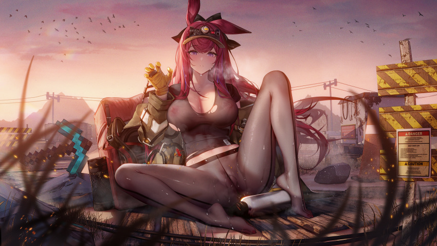 1girl animal_ears arknights arm_support backpack bag binggong_asylum black_pantyhose black_ribbon black_shirt blurry blurry_background blurry_foreground blush bottle breasts brown_headwear brown_jacket cameltoe chinese_commentary claw_pose cleavage closed_mouth collarbone commentary_request crop_top cropped_shirt dawn depth_of_field embarrassed english_text expressionless eyelashes feet film_grain floating_hair full-length_zipper gloves hair_flowing_over hair_ribbon hand_up headlamp heel_up highres jacket knees knees_up large_breasts legs lens_flare light_particles long_hair long_sleeves looking_at_viewer minecraft minecraft_pickaxe mountainous_horizon no_bra no_panties no_shoes off_shoulder on_ground open_clothes open_jacket outdoors pantyhose power_lines purple_eyes purple_hair rabbit_ears rabbit_girl railroad_tracks ray_(arknights) red_bag red_hair ribbon rock see-through see-through_legwear see-through_shirt shade shadow shirt short_sleeves sign simple_bird sitting sky solo sparks spread_legs stomach straight_hair thighs toenails toes toned torn_clothes torn_shirt utility_pole variant_set very_long_hair visor_cap warning_sign yellow_gloves yellow_sky zipper