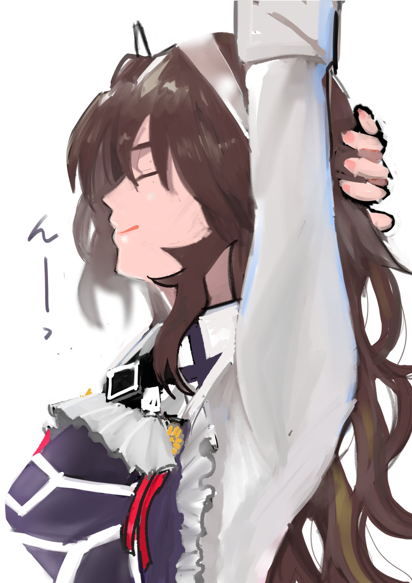 1girl absurdres adapted_costume apron ashigara_(kancolle) brown_hair closed_eyes collared_shirt commentary_request dress_shirt frilled_apron frills hairband highres ikurabbit kantai_collection long_hair purple_apron shirt simple_background smile solo stretching translation_request white_background white_hairband white_shirt