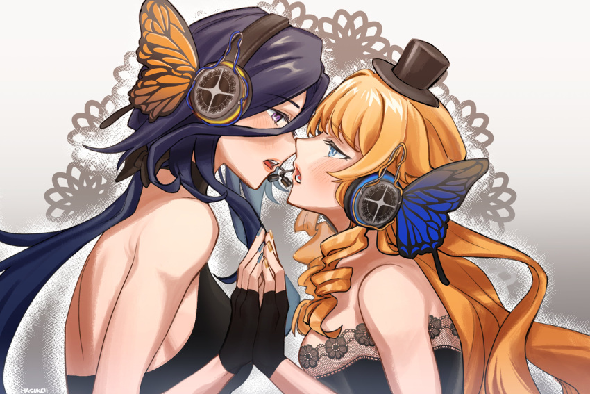 2girls absurdres bare_shoulders black_dress black_gloves blonde_hair blue_eyes blue_nails blush brown_nails clorinde_(genshin_impact) commentary dress drill_hair eye_contact fingerless_gloves genshin_impact gloves hand_on_another's_hand hasukeii hat headphones highres lace-trimmed_dress lace_trim long_hair looking_at_another lower_teeth_only magnet_(vocaloid) microphone mini_hat mini_top_hat multiple_girls nail_polish navia_(genshin_impact) open_mouth purple_eyes purple_hair strapless strapless_dress symbol-only_commentary teeth top_hat upper_body upper_teeth_only vocaloid white_background yuri