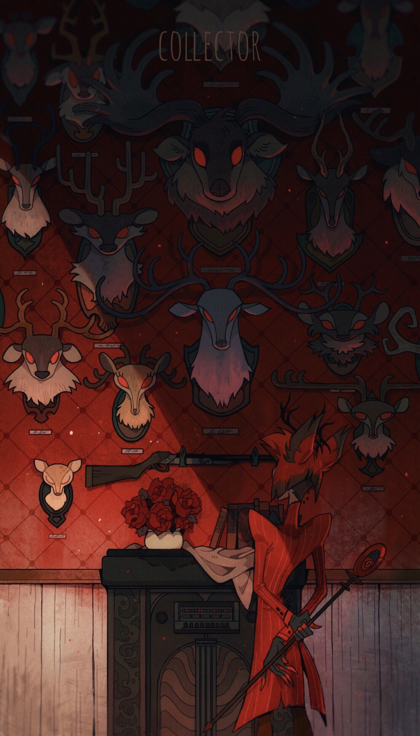 1boy absurdres alastor_(hazbin_hotel) animal_ears animal_head arms_behind_back colored_sclera deer_boy deer_ears demon_boy demon_horns hazbin_hotel highres horns juanmao red_hair red_sclera red_suit suit