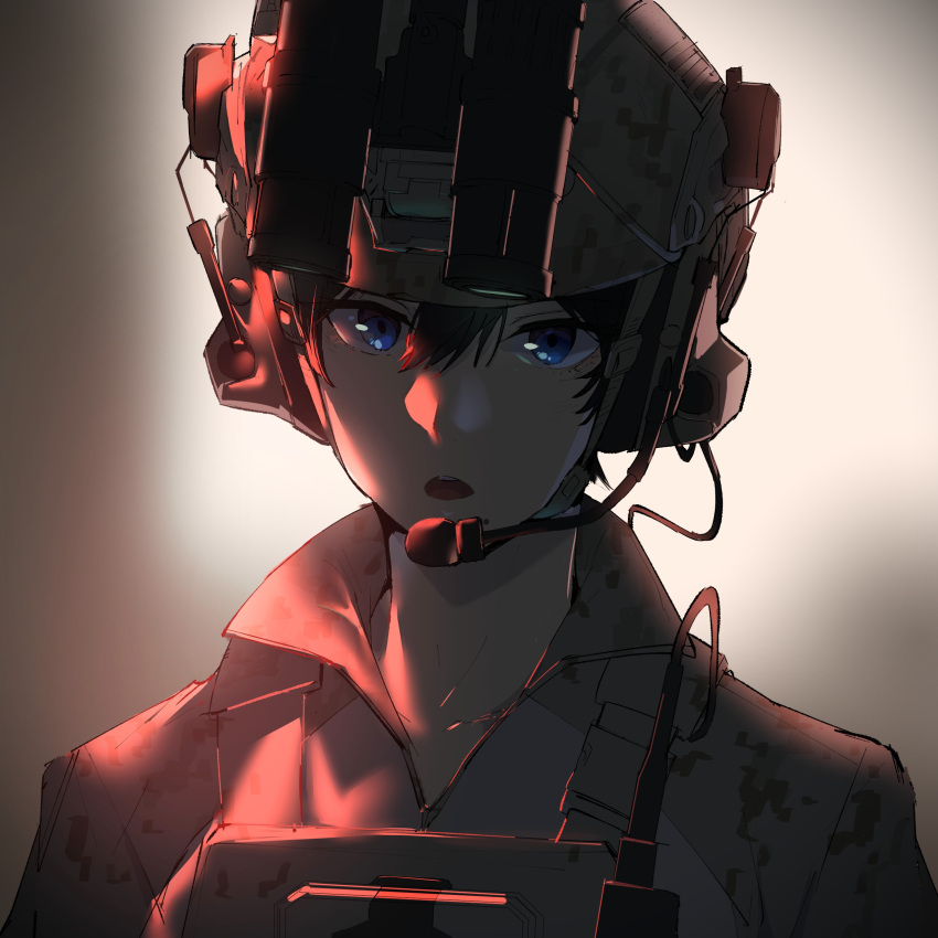 1girl absurdres black_hair blue_eyes blurry blurry_background camouflage camouflage_headwear desert_camouflage ear_protection helmet highres looking_at_viewer military_operator night_vision_device original parted_lips pen_guin15 portrait red_light short_hair solo