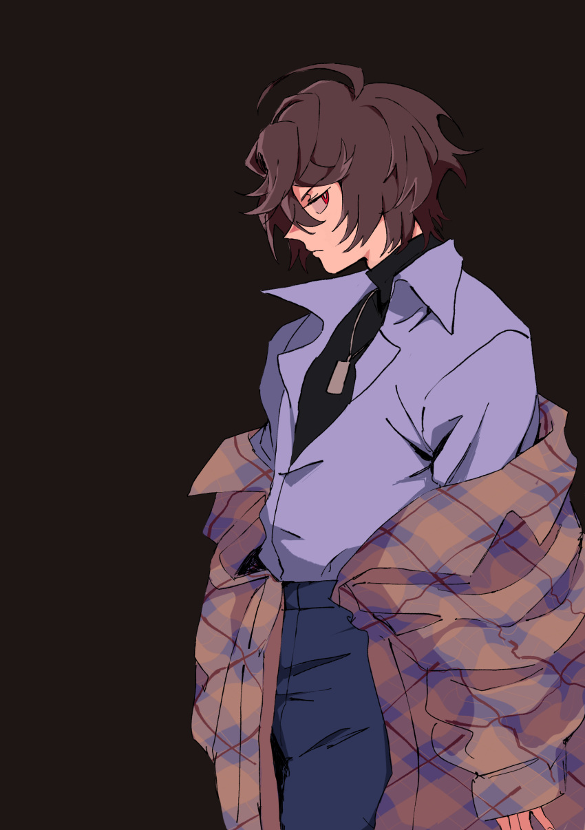 1boy ahoge bishounen black_background blue_shirt brown_hair brown_jacket collared_shirt cowboy_shot denim dog_tags english_commentary from_side granblue_fantasy hair_between_eyes high-waist_pants highres jacket jacket_on_shoulders jeans male_focus messy_hair nodplus50pts official_alternate_costume pants plaid plaid_jacket red_eyes sandalphon_(granblue_fantasy) shirt solo_focus striped_clothes striped_jacket turtleneck