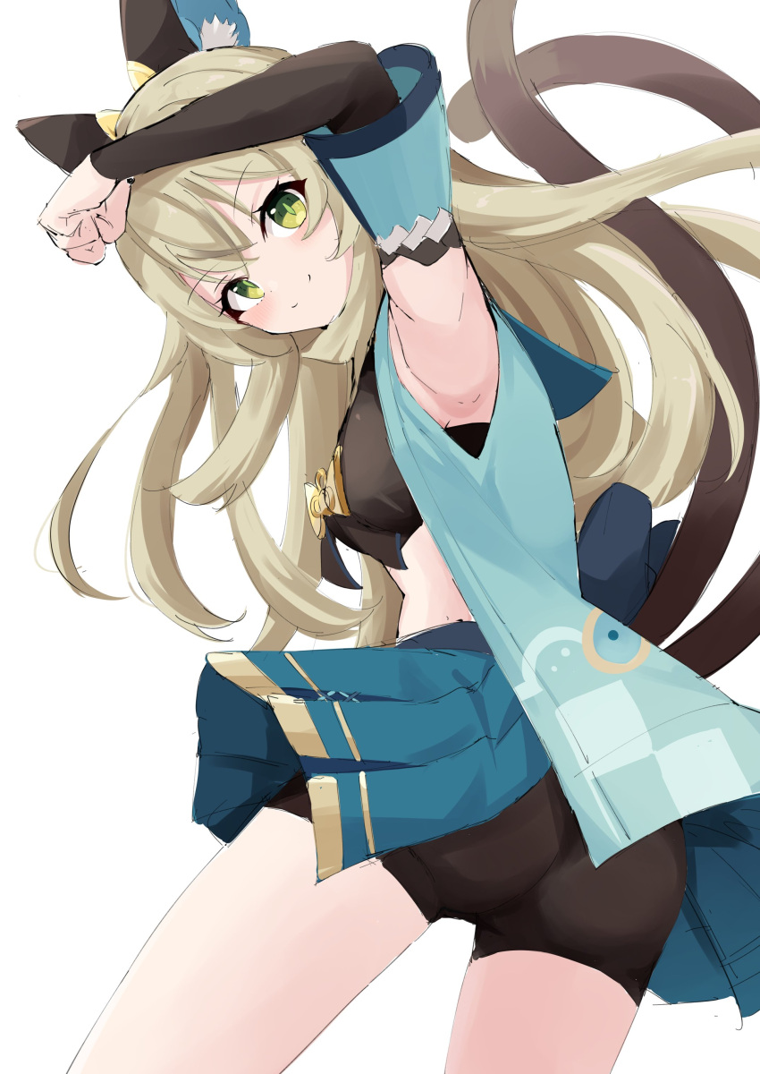 1girl absurdres animal_ears arm_up armpits ass bike_shorts black_shirt black_shorts blonde_hair breasts cat_ears cat_tail commentary_request cowboy_shot crop_top day_mello detached_sleeves genshin_impact green_eyes highres kirara_(genshin_impact) long_hair long_sleeves looking_at_viewer medium_breasts midriff multiple_tails shirt short_shorts shorts simple_background smile solo standing tail thighs two_tails very_long_hair white_background