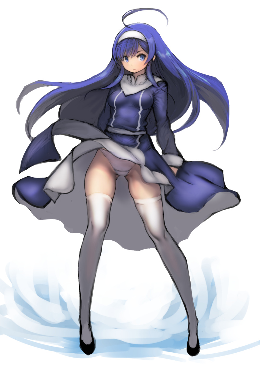 1girl ahoge ass_visible_through_thighs blue_eyes blue_hair breasts clothes_lift commentary_request dress dress_lift full_body hairband highres huge_ahoge johan_(johan13) legs long_hair long_sleeves looking_at_viewer medium_breasts orie_bellardiae panties pantyshot simple_background skirt skirt_lift solo standing thighhighs under_night_in-birth underwear very_long_hair white_background white_hairband white_panties white_thighhighs