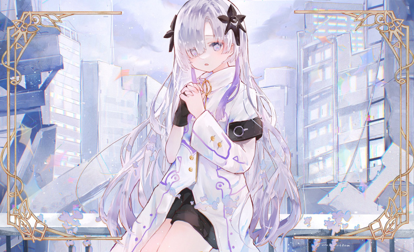 1girl asymmetrical_sleeves black_gloves black_shorts border cevio city coat commentary_request cowboy_shot day fingerless_gloves gloves grey_eyes grey_hair hair_ornament hair_over_one_eye hands_up high_collar highres kamitsubaki_studio looking_at_viewer multicolored_hair o-ring on_railing open_mouth ornate_border outdoors own_hands_clasped own_hands_together purple_hair railing raised_eyebrows sekai_(cevio) short_shorts shorts single_fingerless_glove single_glove sitting solo star-shaped_pupils star_(symbol) streaked_hair symbol-shaped_pupils twitter_username uneven_sleeves uzuki_0420m white_coat zipper zipper_pull_tab