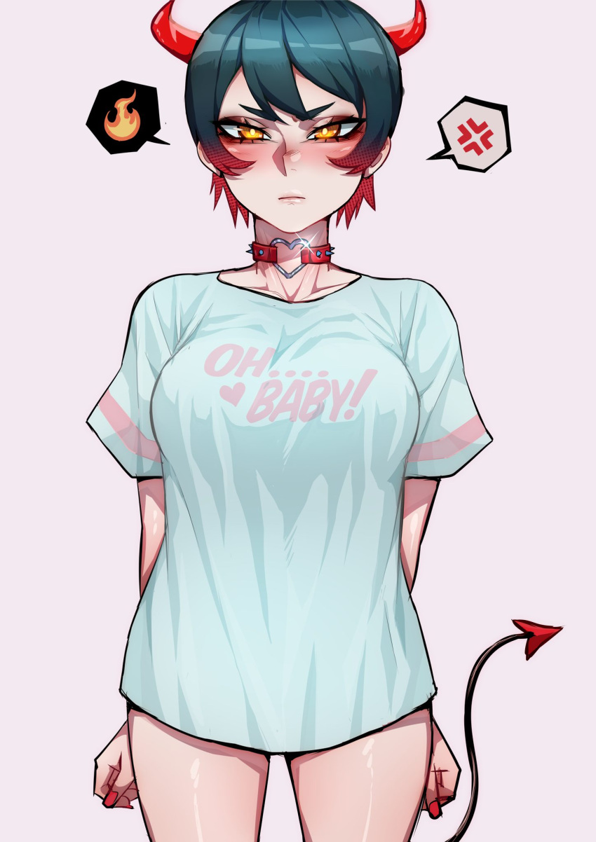 1girl black_crowser black_hair blush closed_mouth clothes_writing demon_horns demon_tail highres horns multicolored_hair original red_hair red_nails shirt solo t-shirt tail white_shirt yellow_eyes