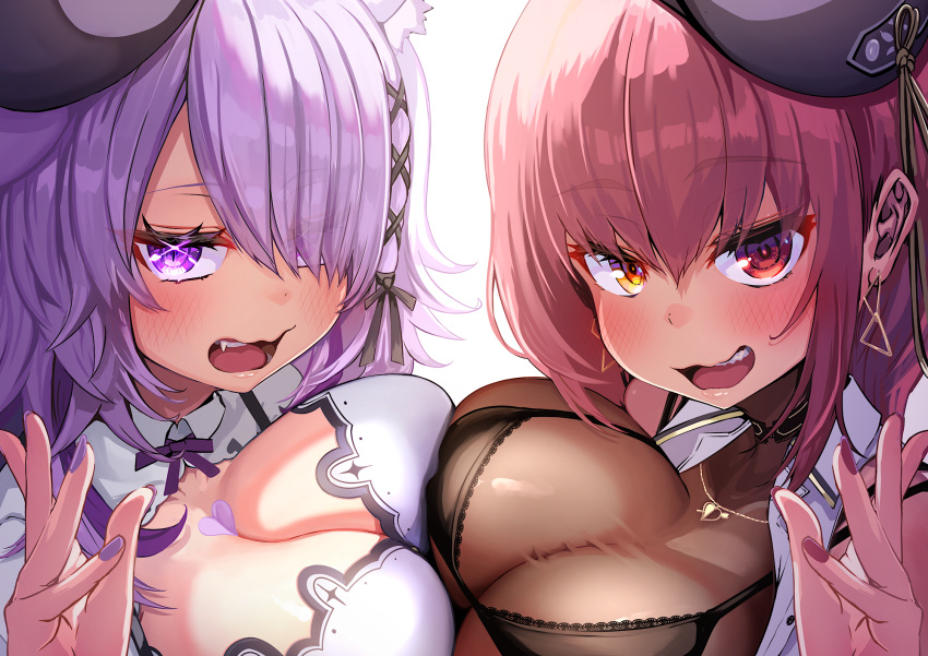 2girls animal_ear_fluff animal_ears asymmetrical_docking blush breast_press breasts cat_ears cat_girl cat_tail cleavage heart_on_chest heterochromia highres hololive houshou_marine houshou_marine_(businesswoman) kajimakoto large_breasts looking_at_viewer multiple_girls nekomata_okayu nekomata_okayu_(6th_costume) official_alternate_costume open_mouth purple_eyes purple_hair red_eyes red_hair see-through see-through_cleavage short_hair symmetrical_docking tail virtual_youtuber yellow_eyes