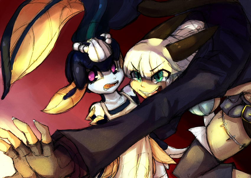 2girls animal_ears apron belt blue_eyes blue_skin claws coat female fingerless_gloves foreshortening gloves goneking minette_(skullgirls) monster_girl ms._fortune_(skullgirls) multiple_girls nadia_fortune open_mouth pink_eyes scar seashell short_hair shorts skullgirls smile trench_coat trenchcoat white_hair