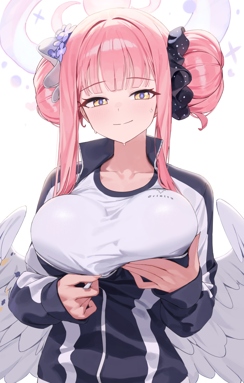 1girl absurdres big_hair black_scrunchie blue_archive blue_jacket blush breasts closed_mouth collarbone commentary double_bun fingernails flower grabbing_own_breast gym_uniform hair_bun hair_flower hair_ornament hair_ribbon hair_scrunchie halo highres huge_breasts jacket long_sleeves looking_at_viewer low_wings mika_(blue_archive) pink_hair pink_halo print_scrunchie print_shirt purple_flower ribbon rivet_(vvrn2825) scrunchie shirt simple_background sleeves_past_wrists smile solo sweat track_jacket white_background white_ribbon white_shirt white_wings wings yellow_eyes