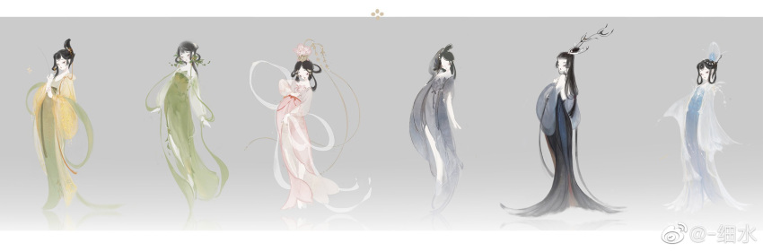 5girls bare_back black_dress black_hair black_sleeves blue_dress blue_headwear border branch chinese_clothes chinese_commentary commentary_request crown dress flower full_body gradient_background green_dress grey_background hagoromo hair_bun hair_flower hair_ornament hair_ribbon hanfu highres letterboxed long_dress long_hair long_sleeves low-tied_long_hair multiple_girls original pink_dress pink_flower ribbon robe shawl short_hair short_sleeves simple_background single_bare_arm single_bare_leg single_hair_bun watermark weibo_logo weibo_username white_border white_sleeves wide_sleeves xi_shui yellow_robe yellow_sleeves