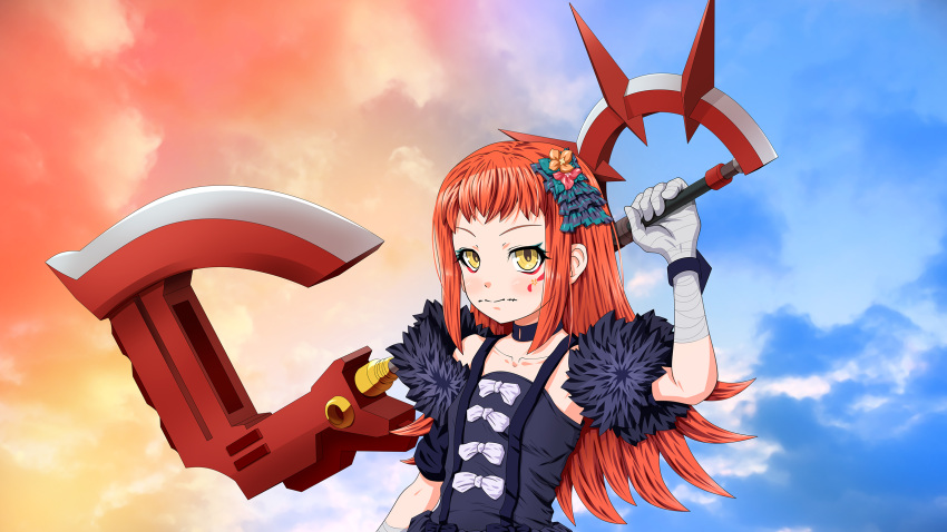 1girl aqua_eyeshadow axe bandaged_arm bandaged_hand bandages battle_axe eyeliner eyeshadow facial_mark fire_emblem fire_emblem_engage fue_(fuef) fur_sleeves highres holding holding_axe holding_weapon makeup orange_hair panette_(fire_emblem) red_eyeliner short_bangs solo stitched_mouth stitches weapon yellow_eyes