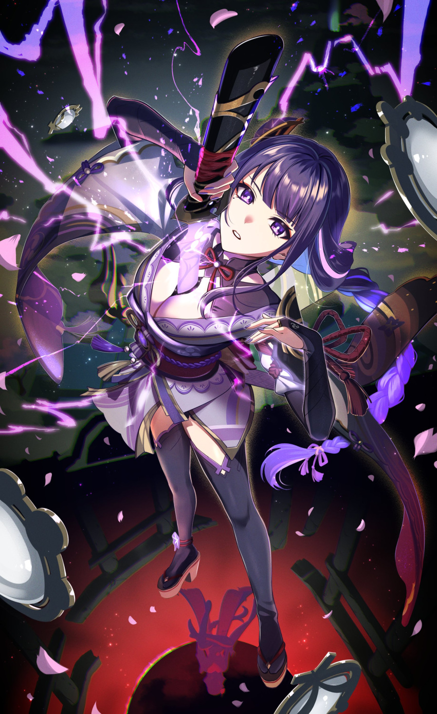 1girl absurdres braid braided_ponytail breasts cleavage drawing_sword electricity flower genshin_impact hair_ornament highres holding holding_sword holding_weapon human_scabbard japanese_clothes kimono large_breasts long_hair long_sleeves looking_at_viewer looking_up mole mole_under_eye musou_isshin_(genshin_impact) narahazime obi purple_eyes purple_hair raiden_shogun sash solo sword very_long_hair vision_(genshin_impact) weapon