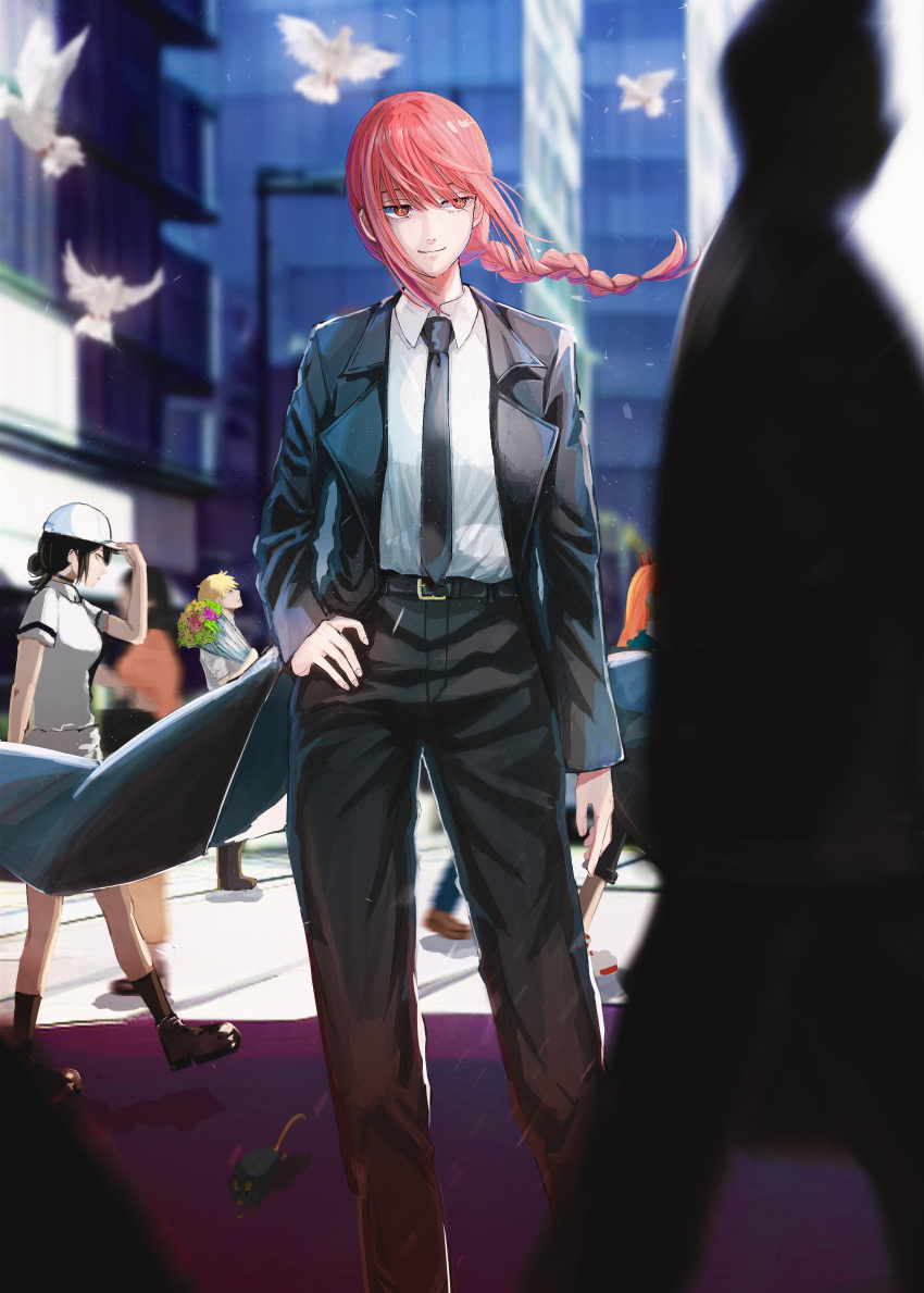 1boy 3girls absurdres adjusting_clothes adjusting_headwear baseball_cap bird black_coat black_hair black_necktie black_pants blonde_hair blurry blurry_background blurry_foreground bouquet braid chainsaw_man city coat day denji_(chainsaw_man) feet_out_of_frame hand_on_own_hip hat highres holding holding_bouquet horns long_hair looking_at_another looking_to_the_side looking_up makima_(chainsaw_man) medium_hair mouse multiple_girls necktie orange_eyes outdoors pants pigeon potetyoco power_(chainsaw_man) red_hair reze_(chainsaw_man) road shirt short_hair sidelocks silhouette smile smirk standing street suit walking white_shirt