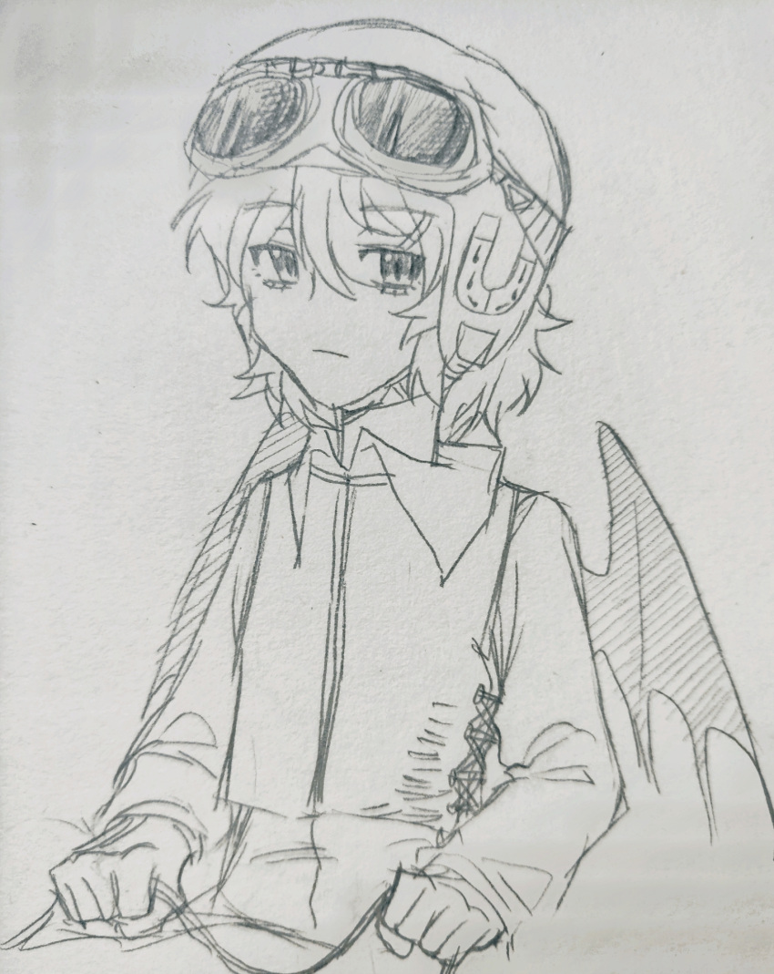 1other androgynous closed_mouth collared_shirt commentary goggles goggles_on_headwear graphite_(medium) hair_between_eyes helmet highres jacket len'en long_sleeves magnet other_focus shirt short_hair simple_background sketch solo symbol-only_commentary traditional_media umatachi_tsugumi upper_body wings yishenlanwan