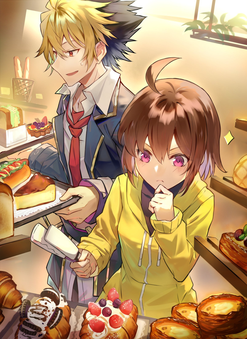 1boy 1girl ahoge black_hair blonde_hair blush brown_hair cake cake_slice cookie cream dessert dyed_bangs food fruit highres holding holding_tray hood hoodie hot_dog huge_ahoge kido_hyde lettuce linne multicolored_hair necktie parfait pastry plate purple_eyes qitoli red_eyes sandwich school_uniform short_hair strawberry sweets tart_(food) tray two-tone_hair under_night_in-birth whipped_cream yellow_hoodie