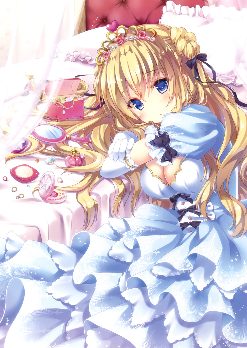 :o absurdres bed blonde_hair blue_eyes bottle box breasts case cleavage corset crown curtains dress elbow_gloves frilled_dress frilled_pillow frills from_side gem gloves head_rest highres indoors jewelry kino_(kino_konomi) layered_dress leaning_forward long_hair medium_breasts mirror necklace parted_lips pendant perfume_bottle pillow ring sitting white_dress white_gloves