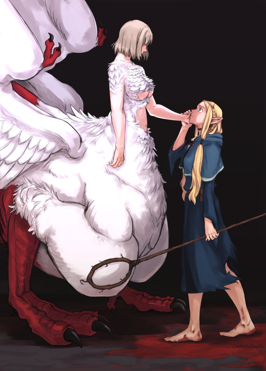 2girls arm_at_side barefoot belt_pouch black_background blonde_hair blood_on_ground blue_capelet blue_dress bob_cut body_fur braid breasts capelet chimera chimerapants choker commentary dirty dirty_feet dragon_girl dress dungeon_meshi elf english_commentary facing_another falin_thorden feathered_wings from_side green_eyes grey_hair hair_around_ear hand_on_another's_cheek hand_on_another's_face hand_up highres holding holding_hands holding_staff hood hood_down hooded_capelet large_breasts long_hair long_sleeves looking_at_another looking_up marcille_donato monster_girl multiple_girls navel nude parted_bangs pointy_ears pouch profile redrawn short_hair side_braid simple_background size_difference small_breasts spoilers staff standing taur torn_clothes torn_dress very_long_hair wings