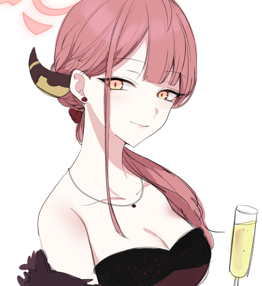 1girl alternate_hairstyle aru_(blue_archive) bare_shoulders blue_archive blunt_bangs breasts champagne_flute cleavage closed_mouth collarbone cup demon_horns drinking_glass earrings hair_over_shoulder halo highres horns inotukuhito jewelry large_breasts looking_at_viewer necklace pink_hair ponytail sidelocks solo upper_body white_background yellow_eyes