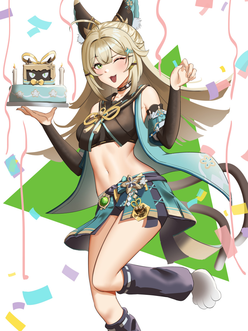 1girl ;3 ;d absurdres ahoge animal_ear_fluff animal_ears anoreika_tomoe aqua_skirt bare_shoulders black_shirt blonde_hair breasts cake candle cat_ears commentary crop_top detached_sleeves fang food foot_out_of_frame genshin_impact green_eyes hands_up highres holding holding_cake holding_food kirara_(genshin_impact) leg_warmers long_hair long_sleeves looking_at_viewer medium_breasts midriff miniskirt navel one_eye_closed open_mouth shirt skirt smile solo standing standing_on_one_leg stomach thighs very_long_hair white_background
