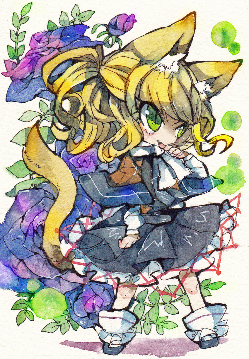 animal_ears blush cat_ears cat_tail flower green_eyes highres japanese_clothes kusuke mizuhashi_parsee scarf solo tail touhou traditional_media watercolor_(medium)