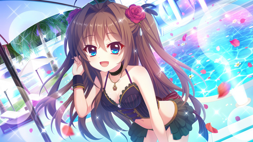 1girl :d beach_umbrella bikini bikini_skirt black_bikini black_bustier black_skirt blue_eyes breasts brown_hair cleavage dot_nose dutch_angle falling_petals film_grain flower game_cg hair_between_eyes hair_flower hair_ornament hand_in_own_hair izumi_tsubasu leaning_forward lens_flare looking_at_viewer medium_breasts navel non-web_source official_art open_mouth outdoors palm_tree petals poolside re:stage! recliner red_flower red_rose rose shikimiya_aone skirt smile solo sparkle swimsuit tree twilight two_side_up umbrella white_flower