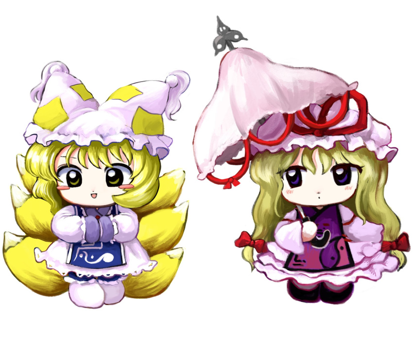 2girls animal_ear_headwear animal_ears blonde_hair blue_tabard blush_stickers bow chibi commentary dot_mouth dress fake_animal_ears fox_tail full_body hair_bow hands_in_opposite_sleeves hat hat_ribbon hat_tassel highres holding holding_umbrella long_hair long_sleeves looking_at_viewer medium_hair mob_cap multiple_girls multiple_tails open_mouth own_hands_together purple_eyes purple_tabard red_bow red_ribbon ribbon simple_background smile socks standing symbol-only_commentary tabard tail touhou umbrella white_background white_dress white_headwear white_socks yakumo_ran yakumo_yukari yakumora_n yellow_eyes zun_(style)