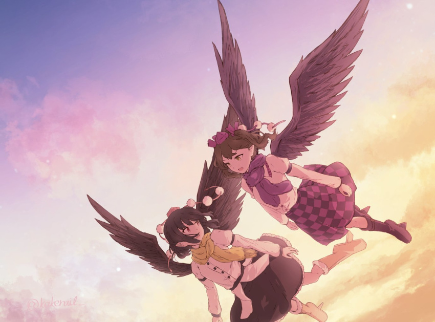 2girls bird_wings black_footwear black_hair black_skirt black_wings boots brown_eyes brown_footwear brown_hair checkered_clothes checkered_skirt feathered_wings flying frilled_skirt frills geta himekaidou_hatate juliet_sleeves kakera_(comona_base) long_sleeves multiple_girls open_mouth pom_pom_(clothes) puffy_sleeves purple_headwear purple_scarf purple_skirt red_eyes red_headwear scarf shameimaru_aya shirt short_hair skirt sunset tengu-geta touhou twintails white_shirt wings yellow_scarf