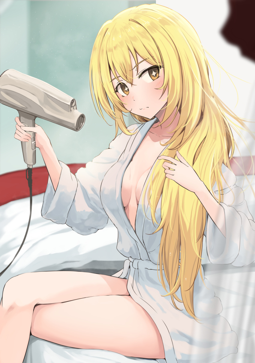 1girl alternate_breast_size bathrobe blonde_hair breasts brown_eyes closed_mouth commentary_request crossed_legs drying drying_hair hair_between_eyes hair_dryer highres holding holding_hair_dryer indoors k3rd long_hair looking_at_viewer medium_breasts on_bed shokuhou_misaki sitting solo sparkling_eyes toaru_kagaku_no_mental_out toaru_kagaku_no_railgun toaru_majutsu_no_index yellow_eyes